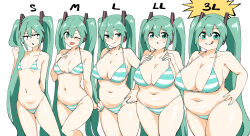 Rule 34 | 1girl, :q, alternate body size, alternate breast size, aqua eyes, aqua hair, arm behind back, bikini, blush, breast expansion, breasts, chart, cleavage, closed mouth, collarbone, commentary request, cowboy shot, dot nose, hair between eyes, hair ornament, hands on own hips, hatsune miku, highres, huge breasts, jaggy lines, jitome, large breasts, lineup, long hair, looking at viewer, medium breasts, multiple views, navel, one eye closed, open mouth, parted lips, plump, sanpaku, simple background, size difference, small breasts, split mouth, string bikini, striped bikini, striped clothes, sweatdrop, swimsuit, tareme, tenten (chan4545), thick thighs, thighs, tongue, tongue out, twintails, variations, very long hair, vocaloid, white background
