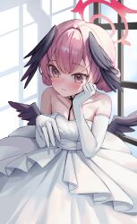 Rule 34 | 1girl, absurdres, bare shoulders, black wings, blue archive, blush, breasts, closed mouth, collarbone, double bun, dress, elbow gloves, feathered wings, gloves, hair bun, halo, head wings, highres, jewelry, koharu (blue archive), pink eyes, pink hair, pink halo, ri yonn, ring, short hair, small breasts, solo, wedding dress, wedding ring, white dress, white gloves, wings