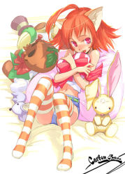 Rule 34 | ahoge, animal ears, carbon base, cat ears, midriff, pink eyes, red hair, short hair, shorts, striped, thighhighs, toy