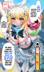 Rule 34 | 1girl, ahoge, artoria pendragon (fate), black ribbon, blonde hair, blue scarf, blue skirt, blurry, blurry background, blush, bow, breasts, cleavage, crop top, english text, fate/grand order, fate/stay night, fate (series), food, gloves, green eyes, hair bow, hair ornament, hard-translated, highres, holding food, holding ice cream, ice cream, large breasts, looking at viewer, mysterious heroine xx (fate), nepodayo, ribbon, scarf, shirt, skirt, speech bubble, thighhighs, thighs, third-party edit, white bow, white gloves, white shirt, x hair ornament