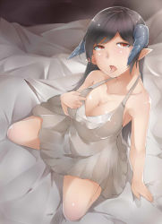 Rule 34 | 1girl, bare shoulders, bed, black hair, breasts, dress, from above, grey dress, hand on breast, horns, komihira, large breasts, long hair, open mouth, original, pointy ears, red eyes, sitting, solo, tongue, tongue out