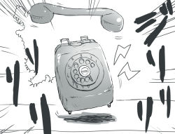 Rule 34 | antique phone, kinketsu, monochrome, no humans, phone, rotary phone, simple background, touhou, translation request, white background, wire
