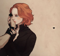Rule 34 | 1girl, animification, avengers (series), black widow, blue eyes, blush, bodysuit, hand on another&#039;s face, marvel, natasha romanoff, niwatori, red hair, short hair, simple background, solo focus, tears