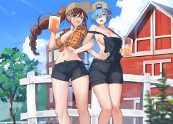 Rule 34 | 2girls, abborent, alcohol, barn, baseball cap, beer, blue eyes, blue hair, bob cut, breasts, brown hair, cleavage, cloud, cloudy sky, crop top, fence, green eyes, hair over one eye, hair ribbon, hat, highres, large breasts, locked arms, long hair, looking at viewer, multiple girls, naked overalls, navel, outdoors, overalls, pitcher (container), ponytail, re:zero kara hajimeru isekai seikatsu, rem (re:zero), ribbon, shaula (re:zero), short shorts, shorts, side-by-side, sky, tree, very long hair