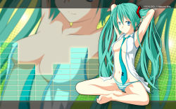 Rule 34 | 1girl, aqua hair, barefoot, barokkusu, blue eyes, breasts, censored, convenient censoring, covered erect nipples, feet, hatsune miku, highres, long hair, navel, necktie, open clothes, open shirt, panties, shirt, sitting, small breasts, smile, solo, striped clothes, striped panties, twintails, underwear, very long hair, vocaloid, wallpaper, zoom layer