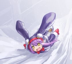 Rule 34 | + +, 1girl, animal hat, blush stickers, character request, emil chronicle online, gradient background, happy, hat, kasuga yukihito, lying, mittens, on stomach, open mouth, pantyhose, pepen alma, purple hair, rabbit hat, sliding, snow, solo, winter clothes, yellow eyes