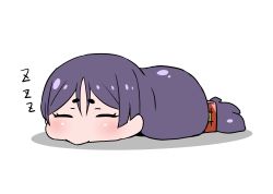 Rule 34 | 1girl, absurdly long hair, blush, chibi, commentary request, closed eyes, facing viewer, fate/grand order, fate (series), hair between eyes, highres, long hair, low-tied long hair, lying, minamoto no raikou (fate), on stomach, purple hair, rei (rei rr), simple background, sleeping, solo, very long hair, white background, zzz