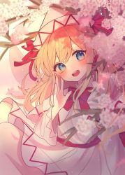 Rule 34 | 1girl, blonde hair, blue eyes, blue nails, blush, bow, bowtie, cherry blossoms, chikuwa (tikuwaumai ), commentary request, dress, fairy wings, hand up, happy, hat, hat ribbon, highres, lily white, long hair, looking at viewer, nail polish, red bow, red bowtie, red ribbon, ribbon, solo, spring (season), teeth, touhou, upper body, upper teeth only, white dress, white hat, wide sleeves, wings