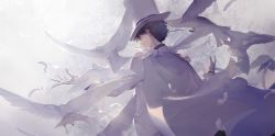 Rule 34 | 1boy, animal, artist name, bird, black hair, cape, commentary, dove, feathers, from behind, gloves, grey sky, hat, highres, kaitou kid, kuroba kaito, magic kaito, male focus, muted color, nineo, outstretched arms, sky, solo, spread arms, top hat, white cape, white feathers, white gloves, white hat