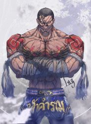Rule 34 | absurdres, bare shoulders, black hair, chest tattoo, closed mouth, collarbone, crossed arms, closed eyes, facial tattoo, fahkumram, film grain, highres, lag (wo76 a), male focus, muay thai, muscular, muscular male, scar, scar on face, shoulder tattoo, signature, smoke, solo, solo focus, tattoo, tekken, tekken 7, topless male, veins, veiny arms