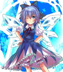 Rule 34 | 1girl, bad id, bad pixiv id, bloomers, blue eyes, blue hair, bow, cirno, dress, female focus, hair bow, hands on own hips, matching hair/eyes, naridon, short hair, smile, solo, touhou, underwear, wings, wink