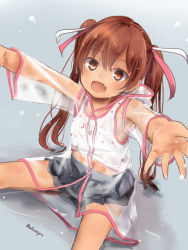Rule 34 | 1girl, :d, akino shuu, black skirt, brown eyes, brown hair, commentary request, fang, feet out of frame, hair between eyes, hair ribbon, hood, hood down, hooded jacket, jacket, kantai collection, libeccio (kancolle), long sleeves, looking at viewer, open mouth, outstretched arms, pink ribbon, pleated skirt, polka dot, ribbon, see-through, sitting, skirt, smile, solo, tan, tank top, twintails, twitter username, white ribbon, white tank top
