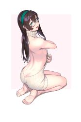Rule 34 | 1girl, alternate costume, ass, backless dress, backless outfit, bare arms, bare back, bare shoulders, barefoot, black hair, blue eyes, blush, breasts, butt crack, commentary request, dress, from behind, glasses, hairband, highres, kantai collection, long hair, looking at viewer, looking back, meme attire, naked sweater, ooyodo (kancolle), open mouth, ribbed sweater, seiza, semi-rimless eyewear, sideboob, simple background, sitting, small breasts, soles, solo, sweater, sweater dress, turtleneck, turtleneck sweater, under-rim eyewear, virgin killer sweater, white background, white sweater, yuuji (and)