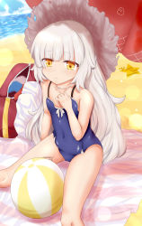 Rule 34 | 1girl, absurdres, artist name, azur lane, bag, ball, bare arms, bare shoulders, beach, beach umbrella, beachball, blue one-piece swimsuit, blue sky, blush, breasts, brown eyes, closed mouth, cloud, cloudy sky, collarbone, commentary request, covered navel, day, hand up, hat, highres, horizon, kuroyuu, long hair, looking away, mole, mole under eye, ocean, one-piece swimsuit, outdoors, red umbrella, silver hair, sitting, sky, small breasts, solo, star (symbol), straw hat, swimsuit, umbrella, very long hair, water, watermark, web address, z46 (azur lane), z46 (her first summer) (azur lane)