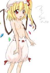 Rule 34 | 1girl, blonde hair, bloomers, blush, breasts, flandre scarlet, hat, highres, looking at viewer, maisaka, mob cap, navel, nipples, open mouth, red eyes, side ponytail, simple background, sketch, small breasts, solo, topless, touhou, underwear, underwear only, white background, white bloomers, wings
