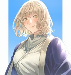 Rule 34 | 1girl, blonde hair, blue background, breasts, closed mouth, commentary request, dungeon meshi, falin touden, highres, large breasts, looking at viewer, medium hair, outside border, pillarboxed, sasakura34, shirt, simple background, smile, solo, upper body, white shirt, yellow eyes