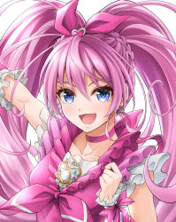 Rule 34 | 1girl, :d, blue eyes, bow, braid, choker, collarbone, cure melody, hair between eyes, hair bow, hair ornament, heart, heart hair ornament, long hair, open mouth, outstretched arm, pink bow, pink choker, pink hair, pink shirt, precure, shirt, sleeveless, sleeveless shirt, smile, solo, suite precure, ten (tenchan man), twintails, upper body, very long hair