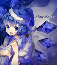 Rule 34 | 1girl, adapted costume, alternate headwear, bag, blue dress, blue eyes, blue hair, christmas, cirno, dress, fang, hat, ice, ice wings, looking at viewer, matching hair/eyes, merry christmas, nuira, open mouth, puffy short sleeves, puffy sleeves, santa hat, shirt, short sleeves, smile, solo, touhou, wings
