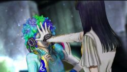 Rule 34 | 1girl, 1other, androgynous, back, black hair, blunt bangs, cotori (globule), dress, eyelashes, facepaint, feathers, game cg, gloves, gnosia, green hair, hair between eyes, hairband, hand on another&#039;s head, headphones, hime cut, long hair1, official art, other, raqio, spoilers, third-party source, upper body, white dress, white gloves, yuriko (gnosia)