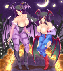 Rule 34 | 2girls, animal print, bare shoulders, bat print, bat wings, black footwear, blush, boots, breast hold, breasts, breasts out, bridal gauntlets, cleavage, cosplay, covering privates, covering breasts, crescent moon, demon girl, elbow gloves, embarrassed, female focus, fusou (kancolle), gloves, halloween, hat, head wings, highres, jack-o&#039;-lantern, jewelry, kantai collection, large breasts, leotard, lilith aensland, lilith aensland (cosplay), long hair, looking at viewer, moon, morrigan aensland, morrigan aensland (cosplay), multiple girls, pantyhose, print legwear, pumpkin, red footwear, red leotard, ring, rokushiru (muzai-p), short hair, star (symbol), torn clothes, torn legwear, vampire (game), wedding band, wings, witch hat, yamashiro (kancolle)