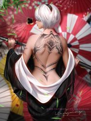 Rule 34 | 1girl, alternate costume, back, back tattoo, bare shoulders, black blindfold, black hairband, black kimono, blindfold, commentary, covered eyes, english commentary, falling leaves, from behind, hairband, headband, highres, holding, holding sword, holding weapon, japanese clothes, katana, kimono, leaf, liang xing, mole, mole under mouth, nier (series), nier:automata, oil-paper umbrella, sheath, short hair, silver hair, sword, tattoo, umbrella, weapon, wide sleeves, 2b (nier:automata)