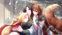 Rule 34 | 3girls, ahoge, animal ears, bird, black hair, blonde hair, blush, brown eyes, brown hair, butterfly hair ornament, cape, character request, closed eyes, copyright request, hair ornament, hand in another&#039;s hair, highres, hug, hug from behind, long hair, mixed-language commentary, multicolored cape, multicolored clothes, multiple girls, pin.s, red scarf, ribbon-trimmed sleeves, ribbon trim, scarf, signature, smile, twitter username, virtual youtuber, wide sleeves