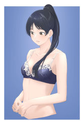 Rule 34 | 1girl, absurdres, bare arms, bare shoulders, black hair, blue background, blue bra, border, bra, breasts, brown eyes, collarbone, commentary request, cropped torso, floral print, gradient background, hair over shoulder, hazuki ren, high ponytail, highres, light blush, long hair, looking away, looking down, love live!, love live! superstar!!, own hands together, parted lips, ponytail, print bra, s sho mkrn, small breasts, solo, stomach, underwear, underwear only, upper body, white border