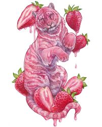 Rule 34 | animal, animal focus, artist name, berry, commentary, english commentary, food, fruit, looking at viewer, no humans, original, pink fur, realistic, simple background, strawberry, strawberry slice, sushiartstudio, tiger, watermark, white background