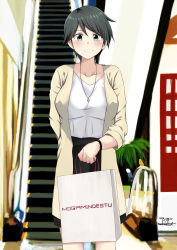 Rule 34 | 1girl, absurdres, alternate breast size, bag, beige blazer, black skirt, blazer, brand name imitation, breasts, brown eyes, commentary request, escalator, feet out of frame, green eyes, highres, jacket, jewelry, kantai collection, large breasts, looking at viewer, mogami (kancolle), nakura haru, necklace, shirt, shopping bag, short hair, skirt, smile, solo, standing, white shirt