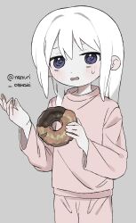 Rule 34 | 1girl, @ @, commentary request, cowboy shot, dirty, doughnut, food, gift art, grey background, hair between eyes, hands up, highres, holding, holding food, kunoichi kazuhito (kuno kazu), long hair, long sleeves, looking at viewer, open mouth, original, pajamas, pants, pink pants, pink shirt, purple eyes, second-party source, shirt, simple background, solo, standing, sweatdrop, wavy mouth, white hair
