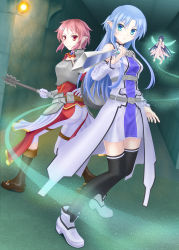 Rule 34 | 10s, 3girls, armor, armored dress, ass, asuna (sao), asuna (sao-alo), bare shoulders, barefoot, black eyes, black hair, blue eyes, blue hair, blunt bangs, boots, breastplate, breasts, coat, detached sleeves, dress, fairy, faulds, frown, gloves, hair ornament, half updo, highres, lisbeth (sao), lisbeth (sao-alo), long hair, mace, mini person, minigirl, multiple girls, pants, pointy ears, red eyes, red hair, shield, short hair, showgirl skirt, skirt, smile, sooichi (diabolicemission), sword, sword art online, thighhighs, very long hair, weapon, yui (sao), yui (sao-alo)