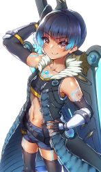 Rule 34 | absurdres, blue hair, brown hair, chest jewel, cosplay, fiery hair, glowing lines, highres, lanz (xenoblade), lanz (xenoblade) (cosplay), leggings, navel, sena (xenoblade), short shorts, shorts, shoulder strap, siebolds demon, simple background, solo, sports bra, sword, weapon, weapon behind back, weapon on back, white background, xenoblade chronicles (series), xenoblade chronicles 3