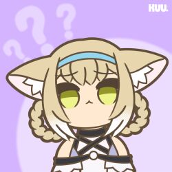 Rule 34 | 1girl, animal ear fluff, animal ears, animated, animated gif, arknights, blonde hair, blue hairband, blush, braid, chibi, commentary, english commentary, fox ears, fox girl, frills, green eyes, hairband, highres, huh? cat (meme), kitsune, kuhl-notes, kyuubi, long hair, looking at viewer, meme, multicolored hair, multiple tails, off shoulder, open mouth, solo, suzuran (arknights), tail, twin braids, white hair