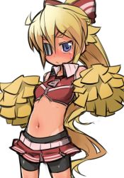 Rule 34 | 1girl, bad id, bad twitter id, bike shorts, blonde hair, blush, body blush, bow, breasts, character request, cheerleader, closed mouth, collared shirt, contrapposto, embarrassed, eyepatch, fukurou (owl222), hair bow, inactive account, long hair, looking at viewer, miniskirt, navel, one eye covered, original, pleated skirt, pom pom (cheerleading), ponytail, purple eyes, red bow, red skirt, shirt, simple background, skirt, small breasts, solo, standing, stomach, sweatdrop, very long hair, white background, wing collar
