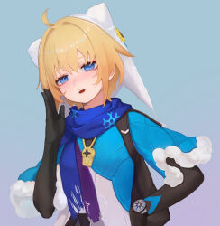 Rule 34 | 1girl, absurdres, ahoge, black gloves, blonde hair, blue background, blue capelet, blue eyes, blue scarf, blue shirt, c1718259, capelet, chinese commentary, elbow gloves, fur-trimmed capelet, fur trim, gloves, gradient background, hair intakes, hand up, hat, highres, honkai: star rail, honkai (series), light blush, looking at viewer, lynx landau, open mouth, purple background, scarf, shirt, short hair, snowflake print, solo, teeth, two-tone background, two-tone shirt, upper body, upper teeth only, watch, whistle, whistle around neck, white hat, white shirt, wristwatch