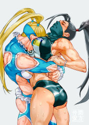 Rule 34 | 2girls, alternate costume, antenna hair, ass, bad id, bad pixiv id, bearhug, between breasts, blonde hair, breast press, breasts, buruma, commission, crop top, closed eyes, fighting, head between breasts, high ponytail, ibuki (street fighter), large breasts, lifting person, long hair, mask, mouth mask, multiple girls, muscular, muscular female, nakama yasukata, rainbow mika, sportswear, street fighter, street fighter v, sweat, twintails, wince, wrestling mask, wrestling outfit, yuri