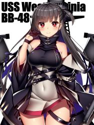 Rule 34 | 18bit, 1girl, absurdres, anchor symbol, azur lane, bare shoulders, black dress, black gloves, black hair, breasts, cannon, character name, coat, cowboy shot, detached sleeves, dress, earrings, gloves, hair between eyes, half gloves, high collar, highres, jewelry, large breasts, long hair, machinery, mast, mole, mole under eye, off shoulder, red eyes, rigging, smokestack, solo, standing, thighs, turret, very long hair, west virginia (azur lane), wide sleeves
