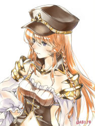 Rule 34 | 10s, 1girl, abo (hechouchou), blue eyes, bracelet, braid, breasts, brown hair, choker, cleavage, clothing cutout, granblue fantasy, hat, highres, jewelry, lecia (granblue fantasy), long hair, long sleeves, looking away, navel, navel cutout, parted lips, peaked cap, puffy long sleeves, puffy sleeves, shingeki no bahamut, solo