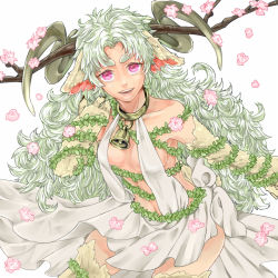 Rule 34 | 1girl, animal ears, bad id, bad pixiv id, bell, branch, breasts, cleavage, detached sleeves, eyebrows, green hair, horns, ichinose777, long hair, messy hair, monster girl, original, plant, red eyes, robe, sheep girl, small breasts, solo, thighhighs, vines