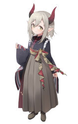 Rule 34 | 1girl, absurdres, black kimono, blush, brown eyes, brown footwear, closed mouth, commentary request, demon horns, emma august, full body, grey hair, grey hakama, hair between eyes, hakama, hakama skirt, highres, horns, japanese clothes, kimono, long hair, long sleeves, looking at viewer, nijisanji, pinching sleeves, pointy ears, shoes, simple background, skirt, sleeves past wrists, smile, solo, standing, syhan, virtual youtuber, white background, wide sleeves