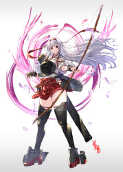 Rule 34 | 1girl, abyssal ship, arrow (projectile), black thighhighs, blush, bow (weapon), breasts, gloves, gradient background, granblue fantasy (style), hachimaki, hair between eyes, hair ribbon, hairband, hakama, hakama short skirt, hakama skirt, headband, holding, holding weapon, japanese clothes, kantai collection, kimono, long hair, long sleeves, looking at viewer, partially fingerless gloves, quiver, red hakama, red headband, ribbon, shoukaku (kancolle), single glove, skirt, smile, solo, thighhighs, weapon, white hair, white kimono, wide sleeves, youmou usagi