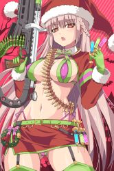 Rule 34 | 1girl, absurdres, adapted costume, ammunition belt, bikini, blush, breasts, cleavage, costume combination, fate/grand order, fate (series), florence nightingale (fate), florence nightingale (santa) (fate), florence nightingale (trick or treatment) (fate), gloves, green bikini, green gloves, gun, highres, holding, holding syringe, jacket, large breasts, layered bikini, light machine gun, long hair, long sleeves, looking at viewer, md5 mismatch, official alternate costume, open mouth, purple bikini, red headwear, red jacket, resolution mismatch, rubber gloves, santa costume, shimouki izui, source smaller, swimsuit, syringe, weapon
