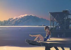 Rule 34 | 1girl, absurdres, barefoot, brown hair, closed eyes, hair ornament, hairclip, highres, i-401 (kancolle), kantai collection, laminar flow, mountain, one-piece swimsuit, orange sailor collar, outdoors, ponytail, sailor collar, school swimsuit, shadow, signature, sitting, sky, solo, sunrise, swimsuit, swimsuit under clothes, water