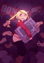 Rule 34 | 1girl, annue (annueart), blonde hair, boots, box, clothes pull, crowd, disembodied hand, grabbing, grabbing another&#039;s hair, gun, handgun, multiple hands, open mouth, original, panties, pants, pants pull, panty pull, pink panties, sale, shopping, solo focus, tears, television, underwear, undressing, wavy mouth, weapon