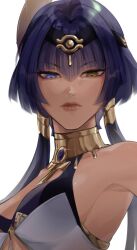 Rule 34 | 1girl, absurdres, blue hair, breasts, candace (genshin impact), dark-skinned female, dark skin, egyptian clothes, genshin impact, gold choker, hairband, heterochromia, highres, jewelry, lart art1, looking at viewer, medium breasts, short hair with long locks, solo, tagme