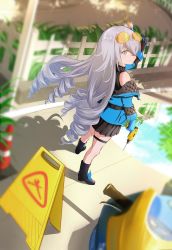 Rule 34 | 1girl, absurdres, bare shoulders, black footwear, black gloves, black jacket, boots, bronya zaychik, closed mouth, drill, drill hair, eyewear on head, gloves, grey eyes, grey hair, highres, holding, honkai (series), honkai impact 3rd, jacket, long hair, long sleeves, looking at viewer, looking back, motor vehicle, motorcycle, outdoors, sleeveless, sleeveless sweater, smile, solo, standing, sunglasses, sweater, twin drills, wanzituanzimax