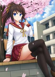 Rule 34 | 1girl, black thighhighs, blue eyes, blue sky, blurry, blush, breasts, brown footwear, brown hair, building, cherry blossoms, closed mouth, cloud, cloudy sky, collarbone, commentary, commission, crossed legs, day, depth of field, hair ribbon, hand up, highres, kazenokaze, large breasts, long hair, long sleeves, looking at viewer, miniskirt, original, outdoors, petals, pleated skirt, ponytail, red sailor collar, red skirt, ribbon, sailor collar, school uniform, shirt, shoes, sitting, skirt, sky, smile, solo, thighhighs, tree, white shirt, yellow ribbon, zettai ryouiki