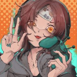 Rule 34 | bandages, brown hair, controller, gradient background, green background, green nails, grey hoodie, headphones, heart, heart-shaped eyes, highres, holding, holding controller, hood, hoodie, nail polish, open mouth, orange background, shiro iku, smile, squinting, tongue, v, yellow eyes