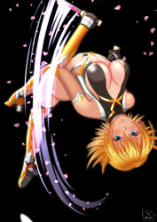 Rule 34 | 1girl, absurdres, artist request, ass, blonde hair, breasts, gloves, highleg, highleg leotard, highres, holding, holding weapon, igawa sakura, jumping, knife, large breasts, leotard, looking at viewer, looking to the side, revealing clothes, short hair, simple background, solo, taimanin (series), taimanin asagi, taimanin rpgx, weapon