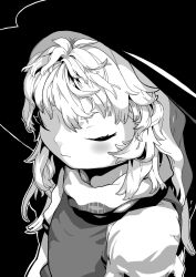 Rule 34 | 1girl, blush, closed eyes, closed mouth, cookie (touhou), expressionless, greyscale, hair between eyes, hat, highres, kirisame marisa, long hair, medium bangs, messy hair, monochrome, shirt, simple background, solo, suzu (cookie), tonchamon san, touhou, turtleneck, upper body, vest, witch hat
